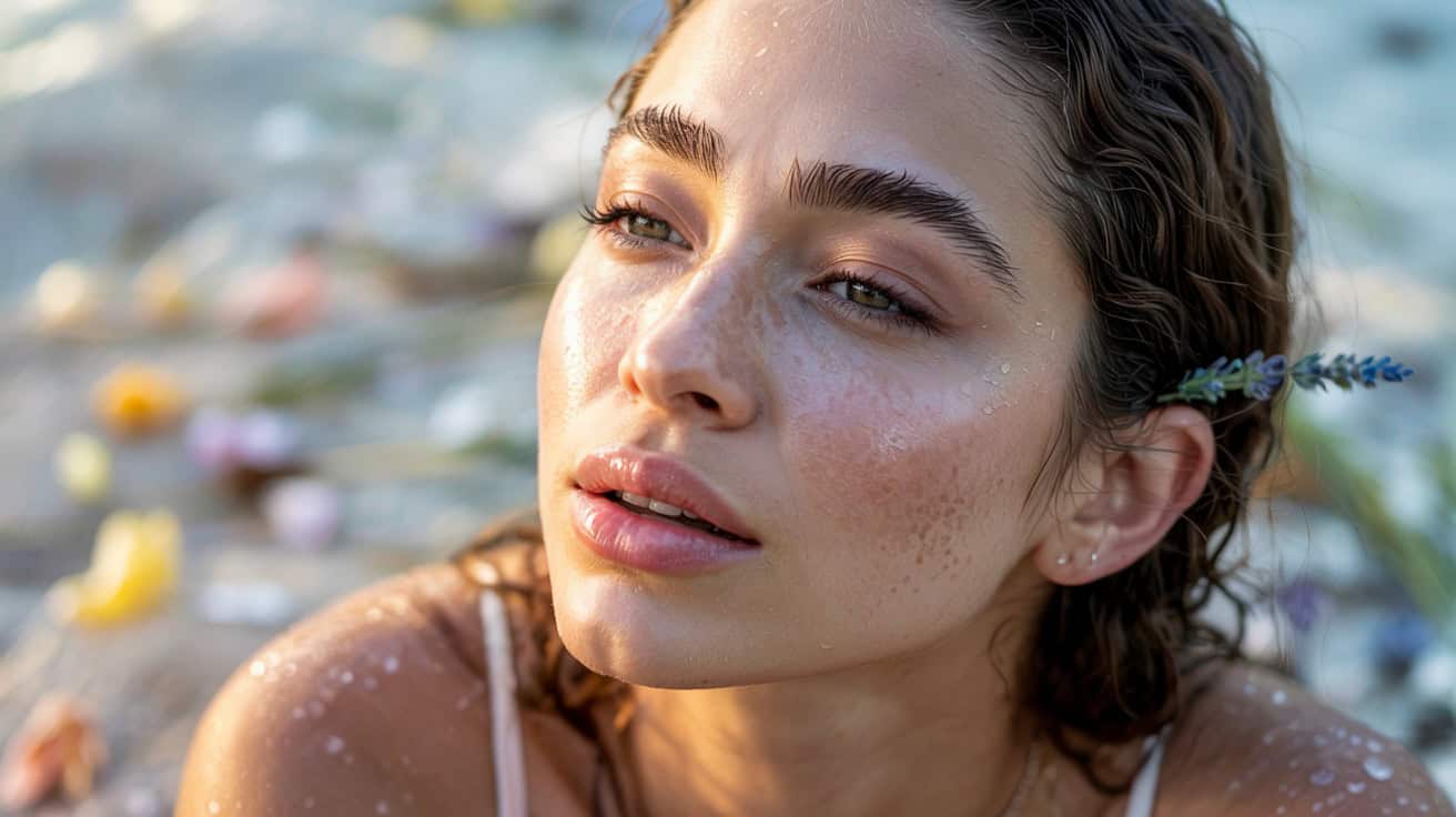 A serene image of a woman with dewy, freckled skin, adorned with a lavender sprig in her hair, set against a soft, natural outdoor background. No text overlay is present.