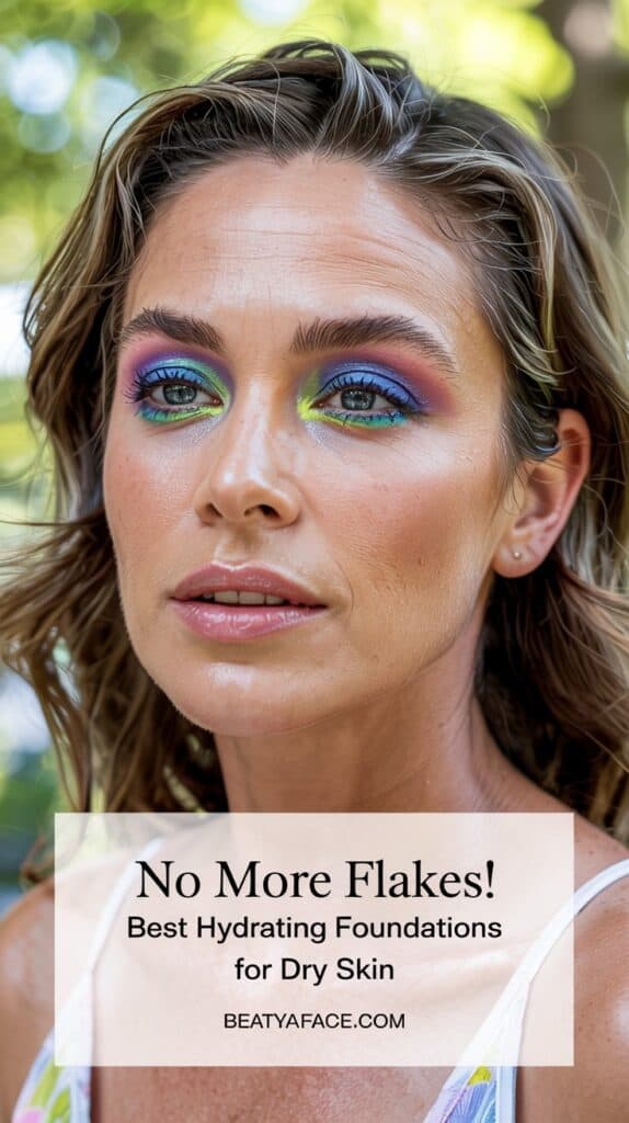 A close-up of a woman with glowing skin and colorful eye makeup, featuring text overlay: 'No More Flakes! Best Hydrating Foundations for Dry Skin.' The website URL 'BEATYAFACE.COM' is included at the bottom.