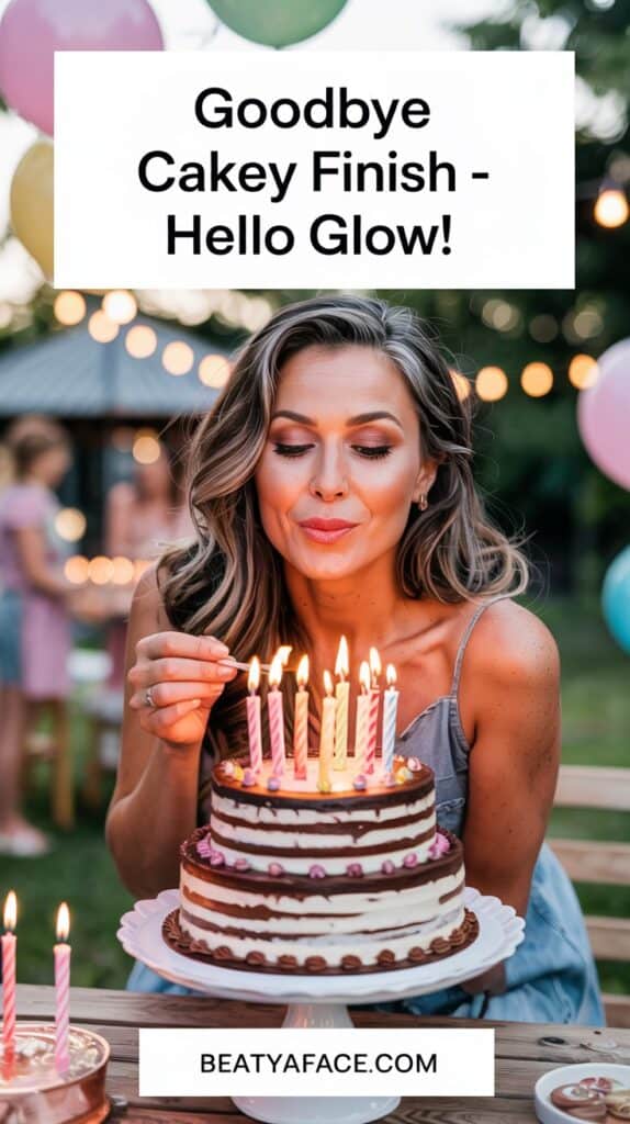 A woman blowing out candles on a birthday cake at an outdoor celebration, with text overlay: 'Goodbye Cakey Finish - Hello Glow!' The website URL 'BEATYAFACE.COM' is included at the bottom.