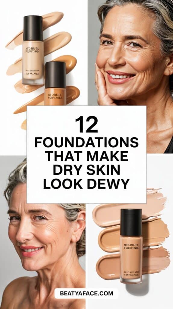 A collage featuring a smiling woman with radiant skin and several foundation bottles with swatches. Text overlay reads: '12 Foundations That Make Dry Skin Look Dewy.' The website URL 'BEATYAFACE.COM' is included at the bottom.