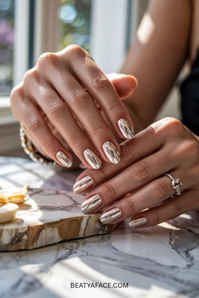 a close up of hands with shiny nails