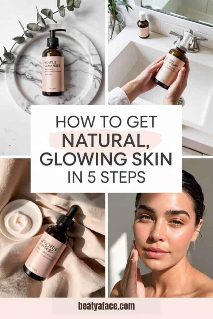 A collage of skincare products, including a cleanser and serum, placed on a marble surface and by a sink. Text overlay reads 'How to Get Natural, Glowing Skin in 5 Steps.' The website 'beatyaface.com' is displayed at the bottom.