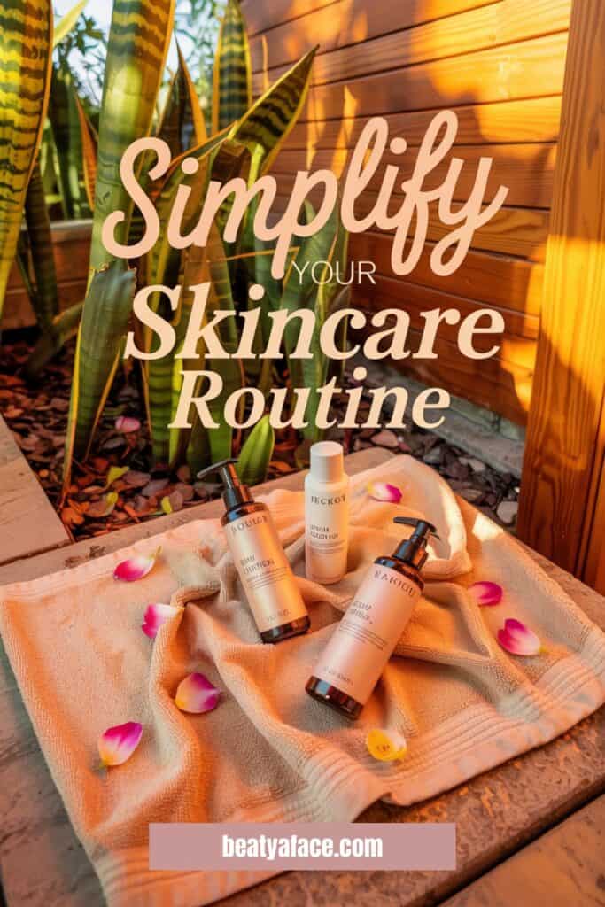 Three skincare bottles arranged on a beige towel with flower petals in a warm outdoor setting surrounded by plants. Text overlay reads 'Simplify Your Skincare Routine.' The website 'beatyaface.com' is displayed at the bottom.