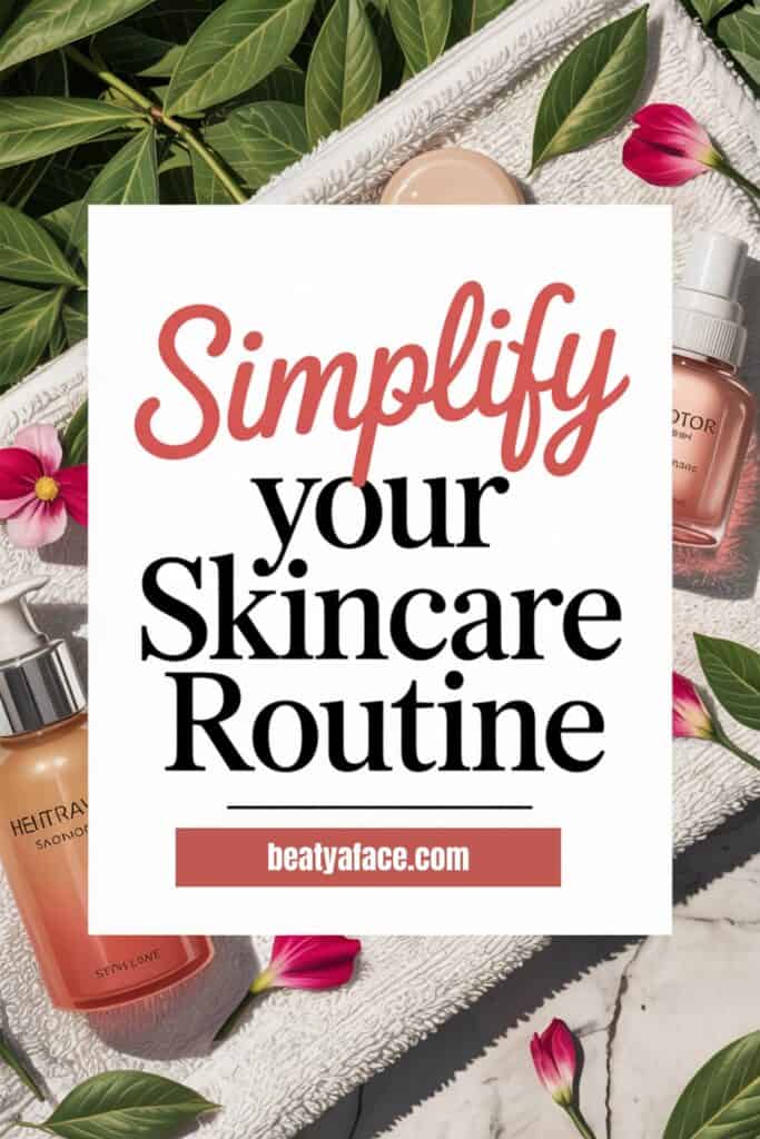 Skincare products placed on a white towel surrounded by greenery and pink flowers. Text overlay reads 'Simplify Your Skincare Routine.' The website 'beatyaface.com' is displayed at the bottom.