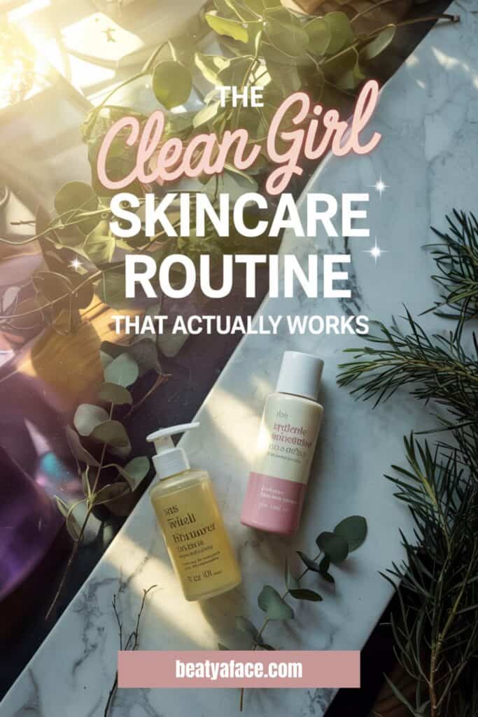 Two skincare bottles, one labeled cleanser and the other a toner, placed on a marble surface surrounded by plants. Text overlay reads 'The Clean Girl Skincare Routine That Actually Works.' The website 'beatyaface.com' is displayed at the bottom.