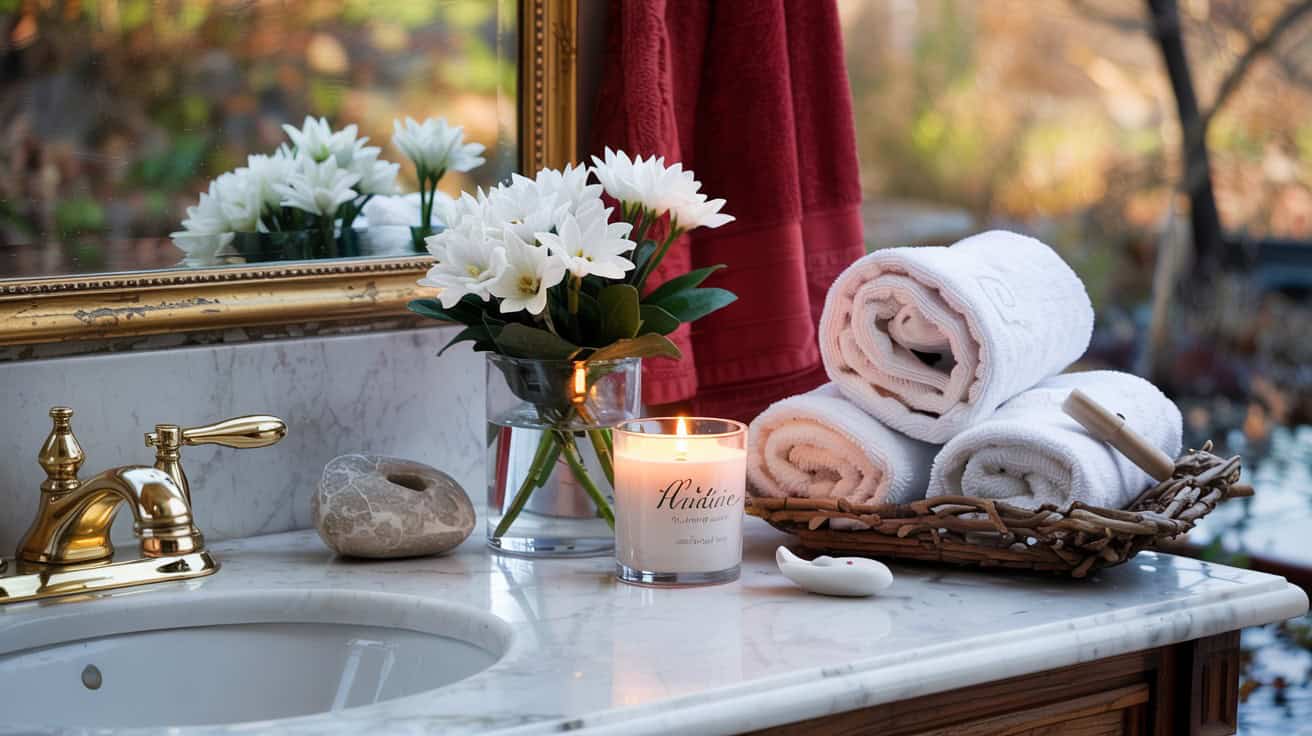 A luxurious bathroom countertop featuring a marble sink with a gold faucet. The setup includes rolled white towels in a wicker basket, a lit candle labeled 'Audine,' a smooth decorative stone, and a vase of fresh white flowers. A red towel hangs in the background, with an outdoor garden view visible through the mirror.