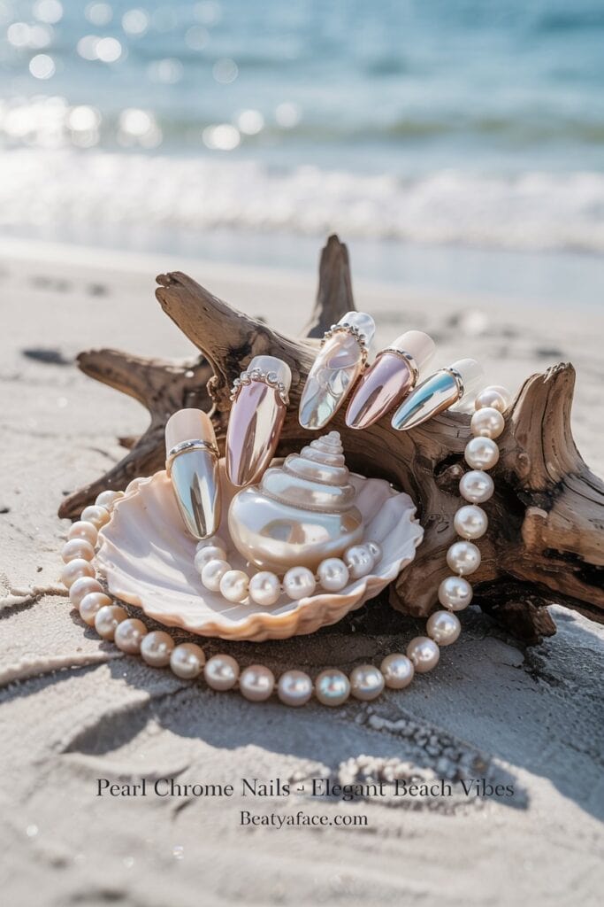 a shell with a pearl necklace and nails on a beach