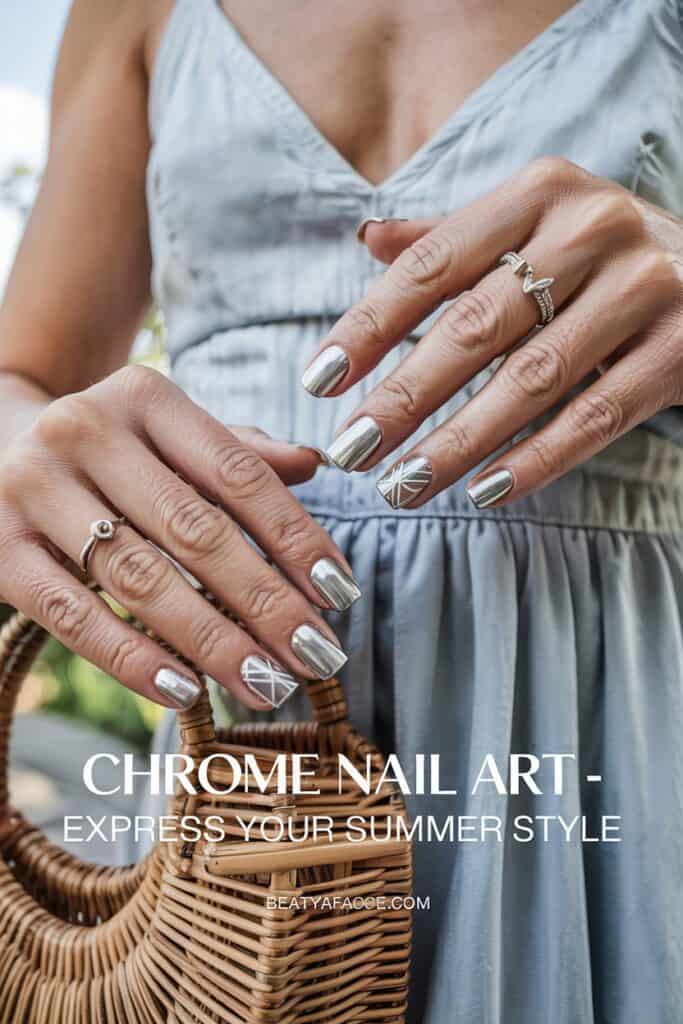 a close up of hands with silver nails