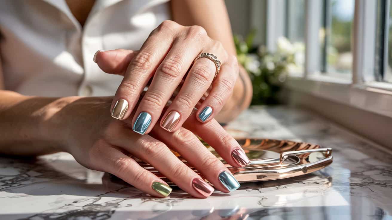 A close-up of hands with colorful chrome nails in a variety of metallic shades, including gold, blue, pink, and green. The nails are glossy and reflective, catching the light beautifully. The hands rest on a marble surface near a rose-gold tray, with soft natural light streaming through a nearby window.