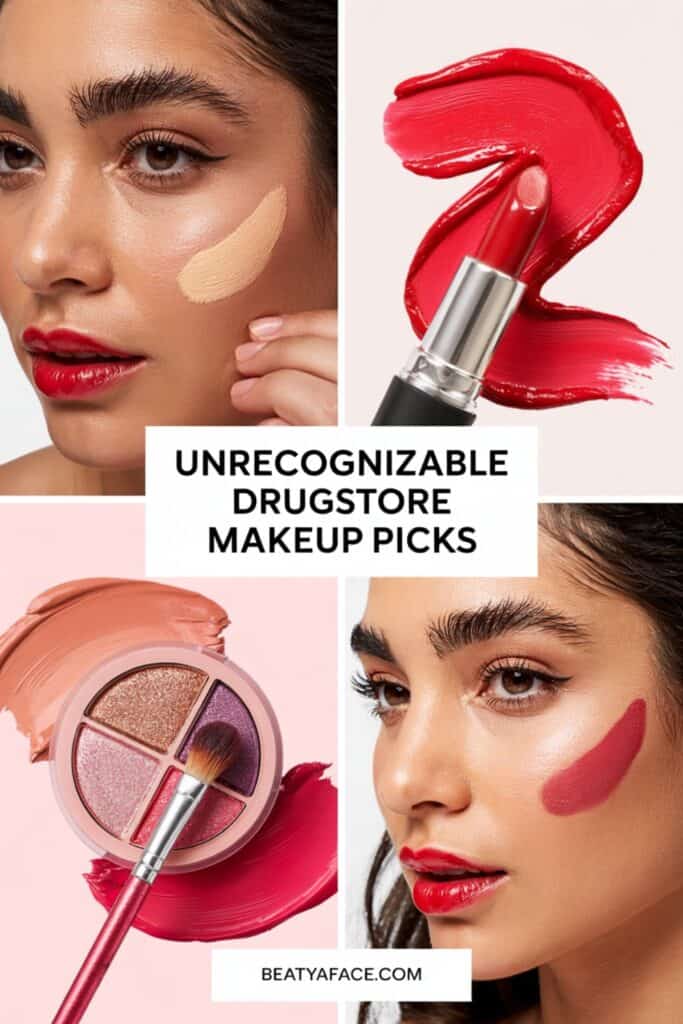A collage showcasing drugstore makeup products and applications. The top left features a woman applying foundation, the top right shows a bold red lipstick with a swipe of color. The bottom left displays a palette of shimmery eyeshadows with a brush, and the bottom right highlights a woman with rosy blush applied. The text reads 'UNRECOGNIZABLE DRUGSTORE MAKEUP PICKS' in bold black letters, with the website URL 'BEATYAFACE.COM' below.