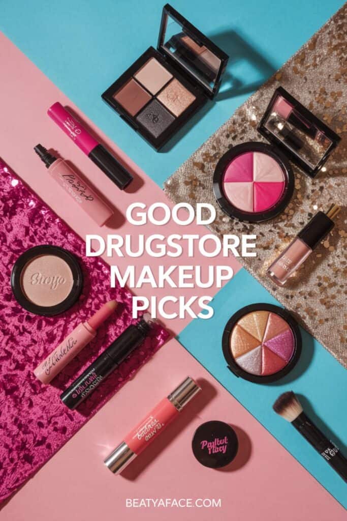 A flat lay of various drugstore makeup products arranged on vibrant pink and blue backgrounds with glittery accents. The items include eyeshadow palettes, lipsticks, blushes, and brushes. The text reads 'GOOD DRUGSTORE MAKEUP PICKS' in bold white letters, with the website URL 'BEATYAFACE.COM' displayed at the bottom.