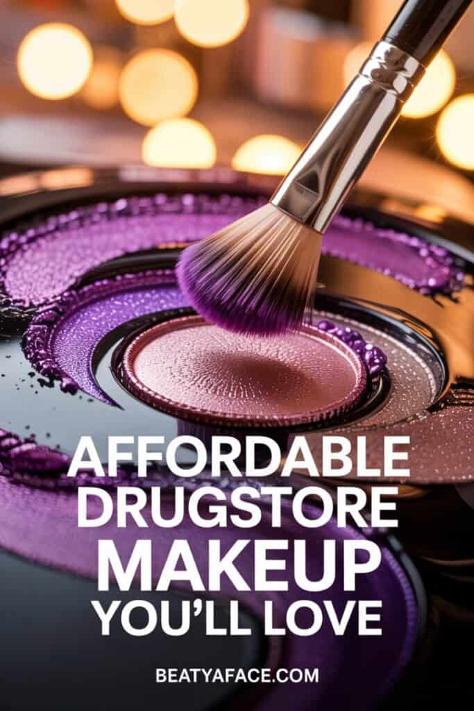 A close-up of a makeup brush dipped in shimmering purple and pink eyeshadows, with soft bokeh lights in the background. The text reads 'AFFORDABLE DRUGSTORE MAKEUP YOU'LL LOVE' in bold white letters, with the website URL 'BEATYAFACE.COM' displayed below.