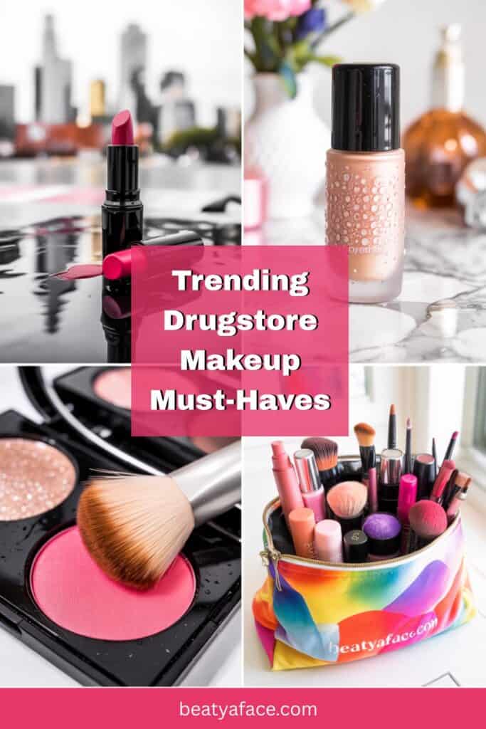 Collage of drugstore makeup essentials with the title 'Trending Drugstore Makeup Must-Haves' in bold white text on a pink banner. Includes a lipstick with a cityscape background, a foundation bottle with water droplets, a makeup brush with pink blush, and a colorful makeup pouch filled with brushes and products. Website URL 'beatyaface.com' is displayed at the bottom.