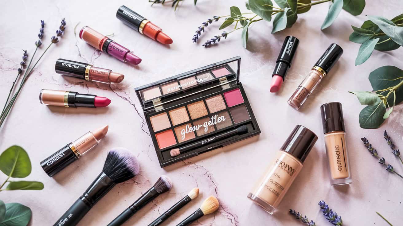 Flat-lay of colorful drugstore makeup products arranged on a soft pink marble surface. Includes lipsticks, foundation bottles, eyeshadow palette labeled 'Glow Getter,' makeup brushes, and greenery accents for a fresh and vibrant aesthetic.