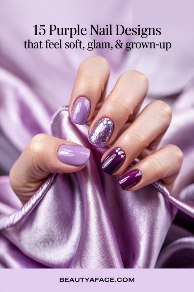 A promotional image with the text '15 Purple Nail Designs that feel soft, glam, & grown-up' and the website name 'BEAUTYAFACE.COM' displayed at the bottom. Showcasing sophisticated and stylish purple nail design ideas.