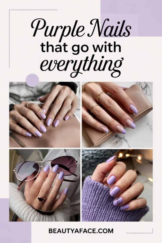 A banner or promotional image with the text 'Purple Nails that go with everything®' and the website name 'BEAUTYAFACE.COM' displayed prominently. Related to beauty or nail art ideas.