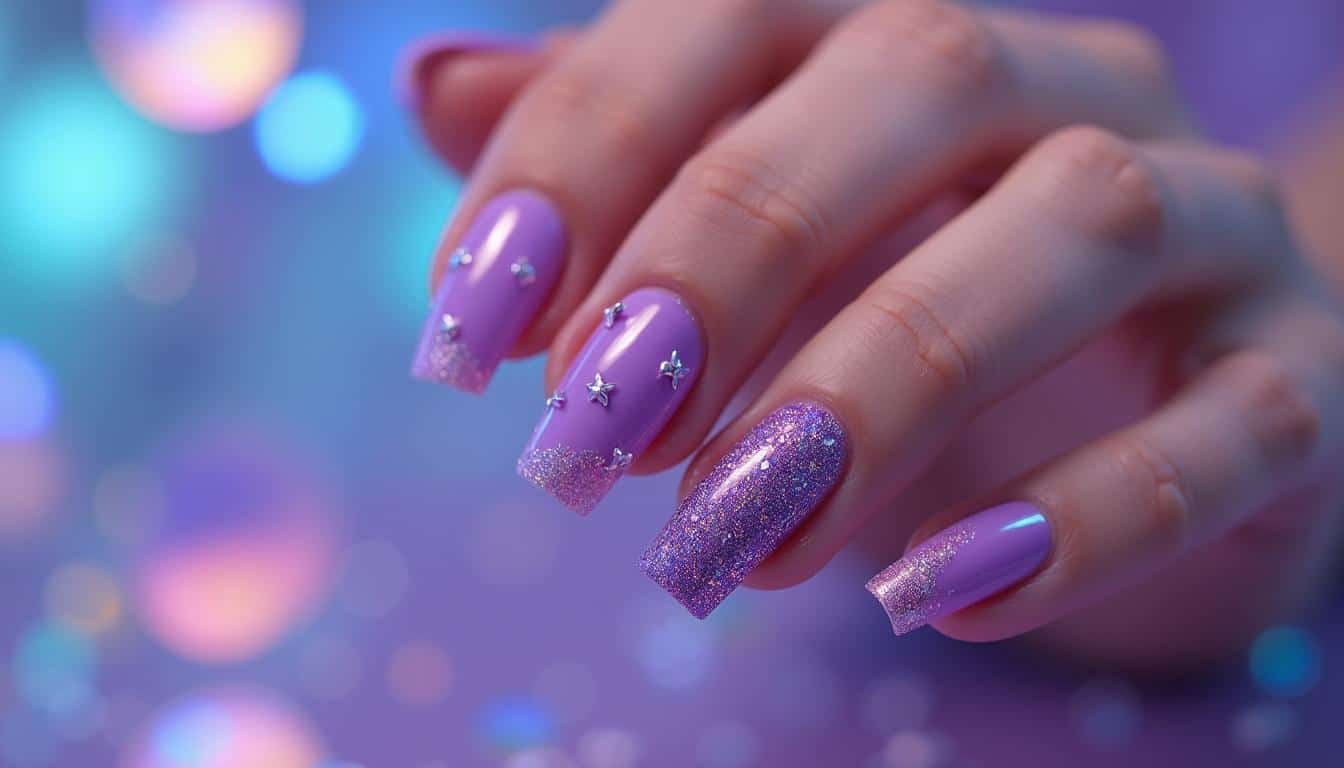 A close-up of a hand with elegant purple nail designs. The nails feature a glossy lavender base with glittery accents and small silver star embellishments. The background is a soft, dreamy blur of purple and blue tones, creating a luxurious and whimsical atmosphere.