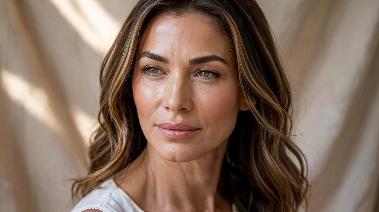 A woman with soft glam makeup showcasing a natural, luminous look. Her skin appears radiant with a subtle glow, complemented by lightly defined brows, soft blush, and a neutral lip color. Her wavy hair frames her face, and the background is softly blurred with warm tones, emphasizing her elegant and polished appearance.