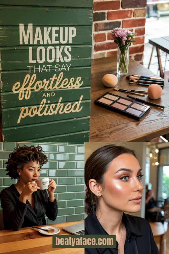 A green wooden sign with the text "MAKEUP LOOKS THAT SAY effortless and polished." Below is a makeup setup with brushes, a palette, and a sponge on a wooden table. A website link, "beatyaface.com," is displayed.