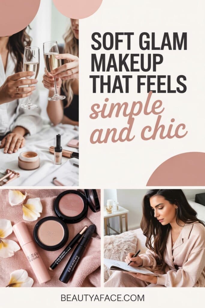 A cozy scene with women toasting champagne glasses and a flat lay of makeup products on soft fabric. The text reads, "SOFT GLAM MAKEUP THAT FEELS simple and chic," with the website "BEAUTYAFACE.COM.