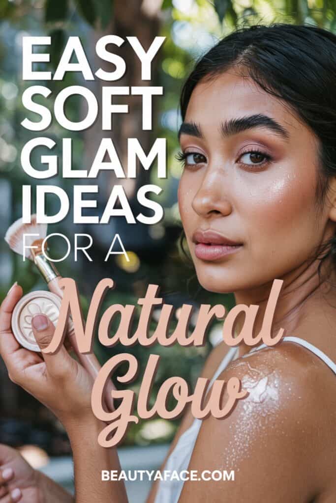 A close-up of a woman outdoors, holding a compact mirror with glowing and natural makeup. The text reads, "EASY SOFT GLAM IDEAS FOR A Natural Glow," with the website "BEAUTYAFACE.COM.