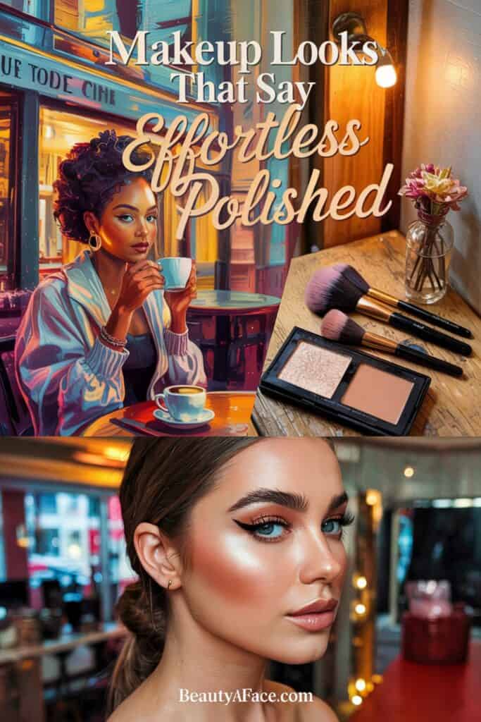 A vibrant illustration of a woman with natural makeup, sitting at a café with a coffee cup. Text reads, "Makeup Looks That Say Effortless Polished." A makeup setup with brushes and a palette is shown, along with the website "BeautyAFace.com.