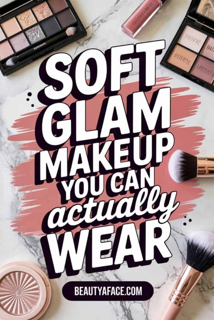 A flat lay of makeup products, including eyeshadow palettes, brushes, and a lip gloss, placed on a marble surface. The text reads, "SOFT GLAM MAKEUP YOU CAN actually WEAR" with the website "BEAUTYAFACE.COM.