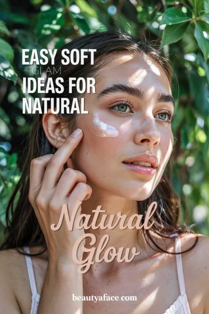 A natural outdoor scene featuring a woman with dewy makeup, applying a cream product to her cheek. Text reads, "EASY SOFT GLAM IDEAS FOR NATURAL Glow," with the website "beautyaface.com.