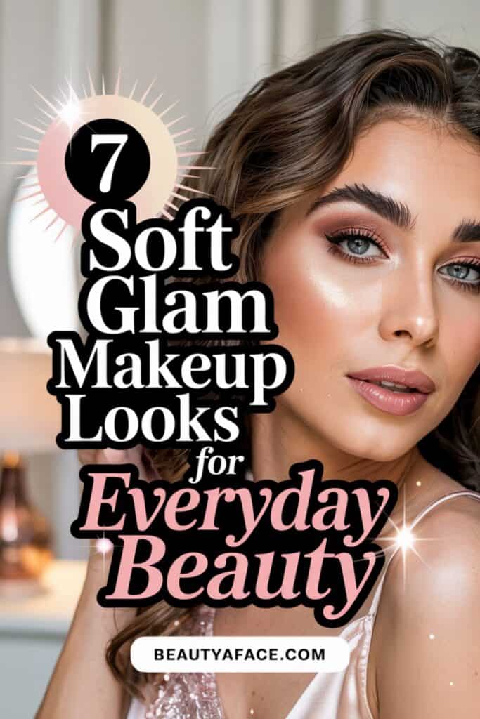 A close-up of a woman with soft glam makeup, including winged eyeliner and glowing highlighter. Text reads, "7 Soft Glam Makeup Looks for Everyday Beauty," with the website "BEAUTYAFACE.COM.