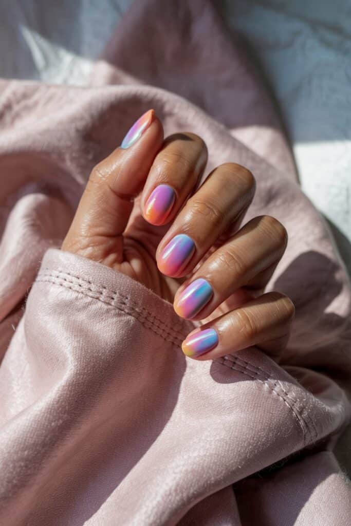 The image showcases a stunning holographic nail design with a mesmerizing blend of pastel hues. The nails feature a smooth gradient effect with shades of pink, purple, blue, and hints of orange, creating an ethereal, iridescent look. The glossy finish enhances the vibrant colors, making the nails appear luminous and reflective. This design exudes a dreamy, magical vibe, perfect for adding a touch of whimsy to your summer style.