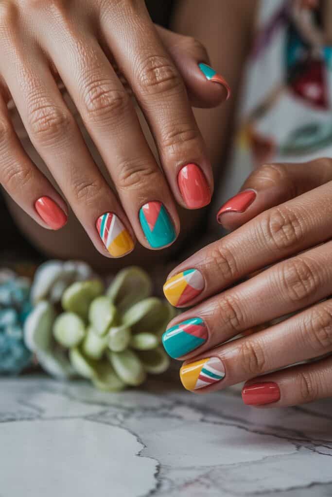 The image showcases a vibrant and playful manicure featuring geometric designs in bold summer colors like coral, turquoise, yellow, and white. The nails are adorned with diagonal lines and triangular patterns, creating a modern and cheerful aesthetic. The bright colors and clean lines evoke a fresh, summery vibe.