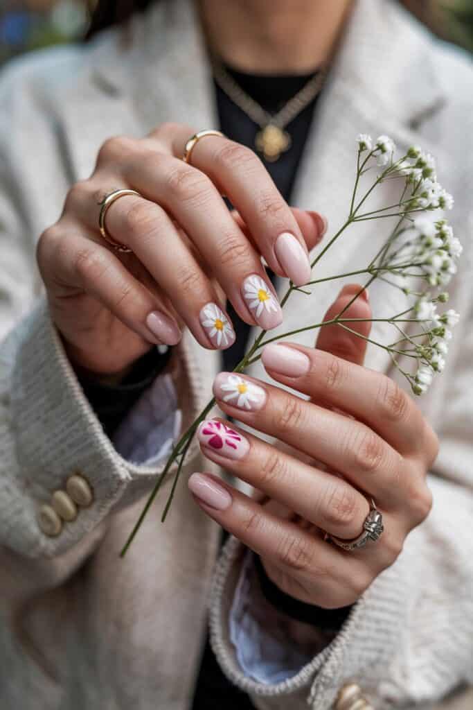 The image shows hands with soft pink manicures featuring delicate floral designs, including daisies and vibrant pink accents. The nails are paired with gold rings and a dainty flower stem, creating an elegant and feminine look.