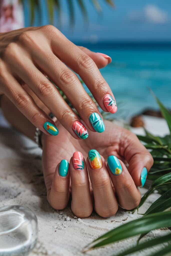 The image shows hands with tropical-themed nail art against a beach backdrop. Nails are painted in vibrant turquoise, coral, and yellow, featuring designs like palm leaves, pineapples, and flowers, creating a fun, summery vibe.