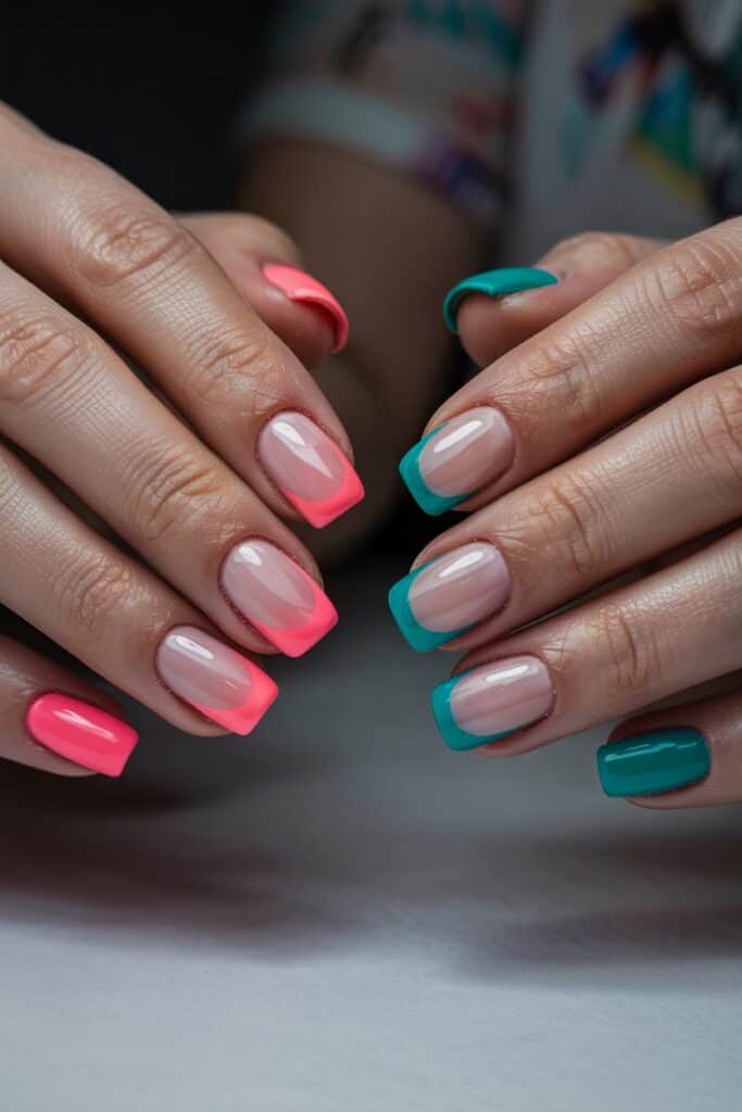 The image features a chic and modern French manicure with a vibrant twist. The nails showcase a clear nude base topped with neon pink and turquoise tips. The combination of bold, bright colors with a classic French tip design creates a fresh and trendy summer look. The glossy finish adds an elegant touch to the playful style.