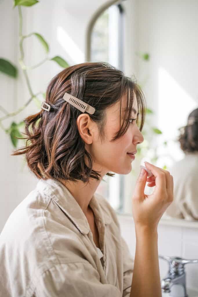 a woman holding a cotton pad
