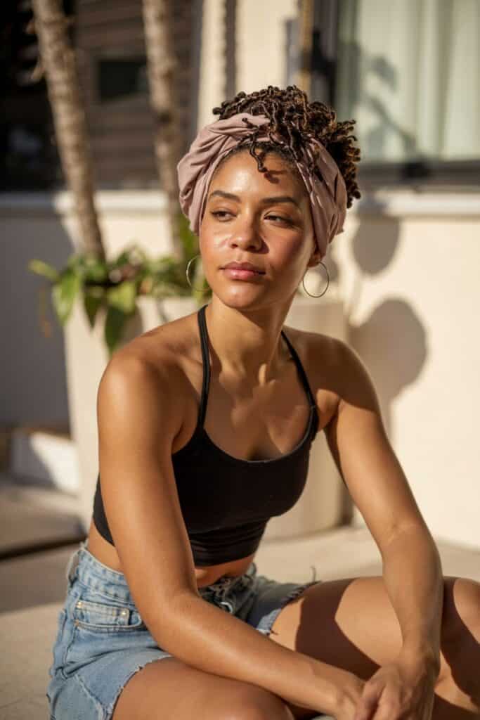 a woman sitting on a porch