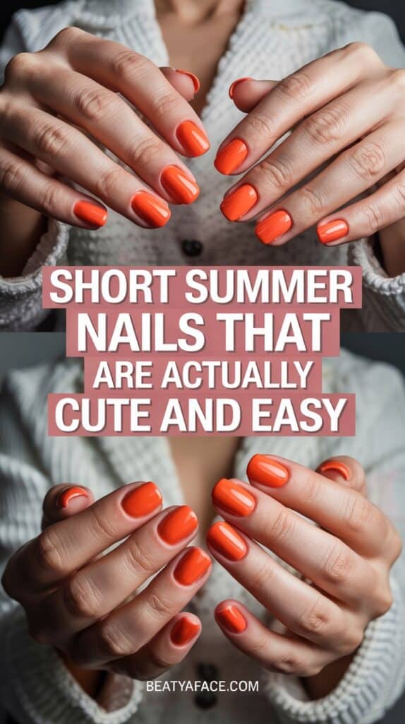 a collage of hands with orange nails