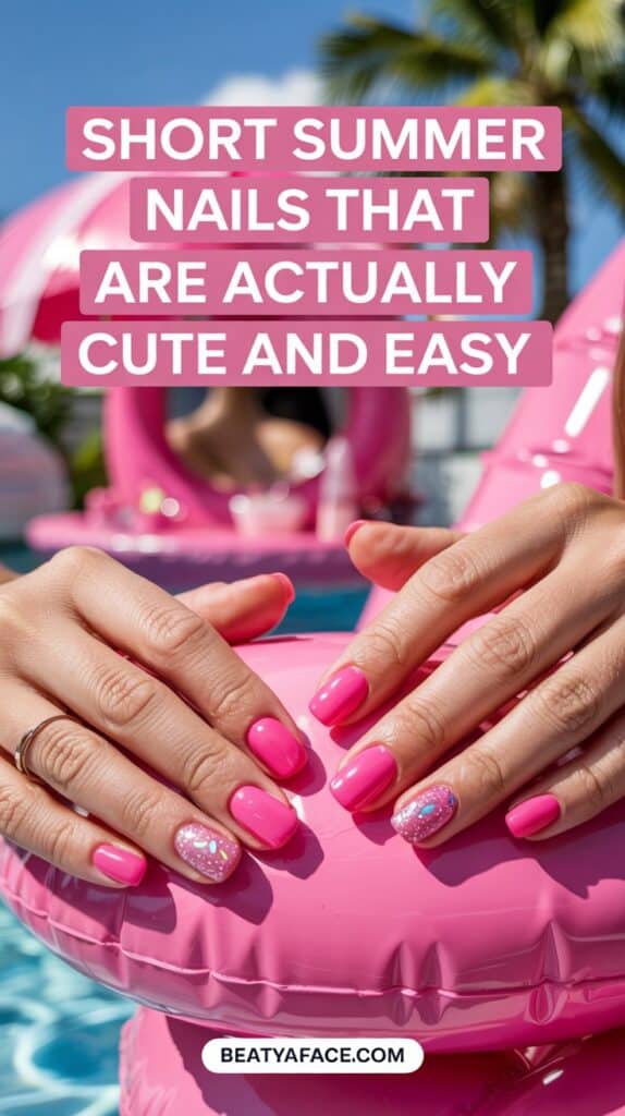 a woman with pink nails