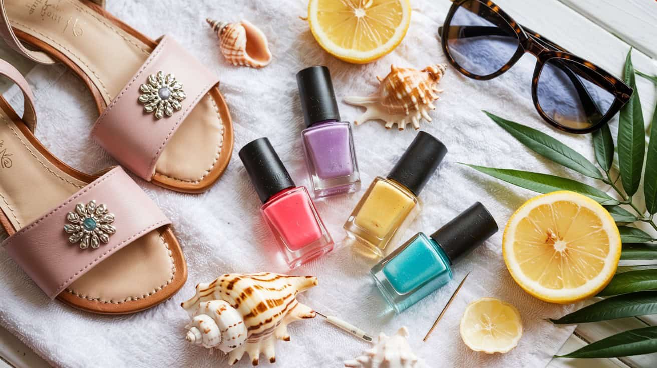 Flat lay of bright nail polishes with seashells, lemons, sunglasses, and pink sandals – summer toe nail polish inspiration