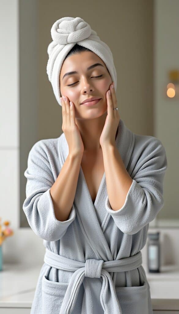 a woman in a bathrobe with her hands on her face