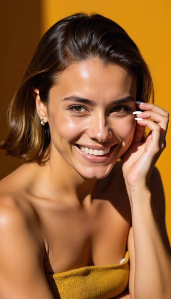 a woman smiling with her hand on her cheek