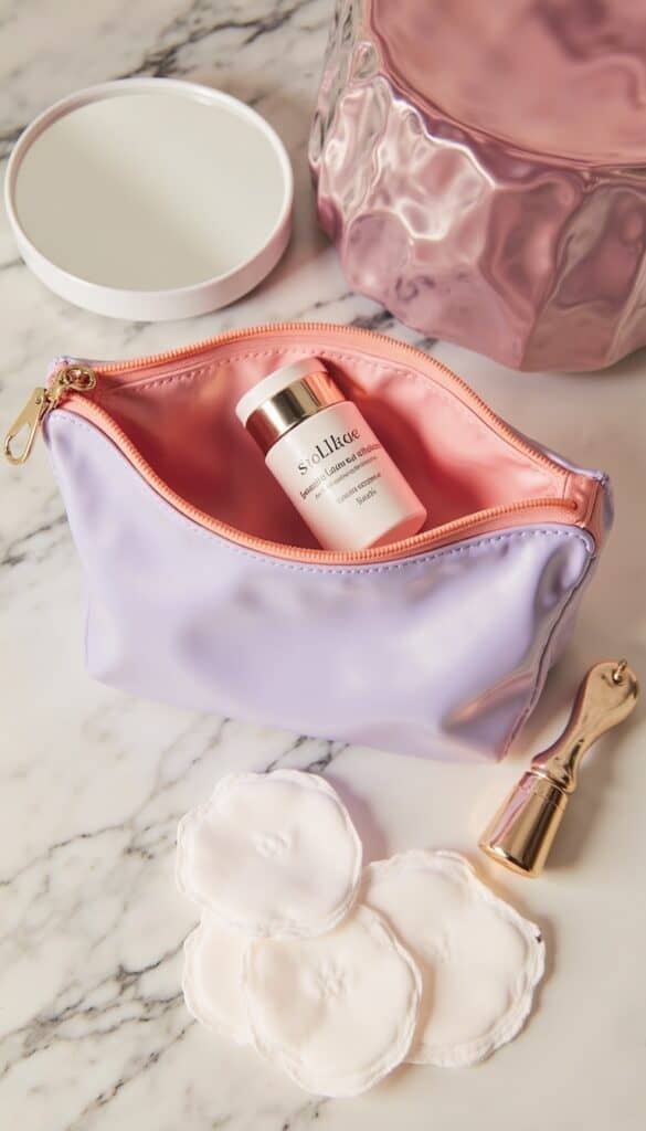 a cosmetic bag with a bottle of face cream and other items