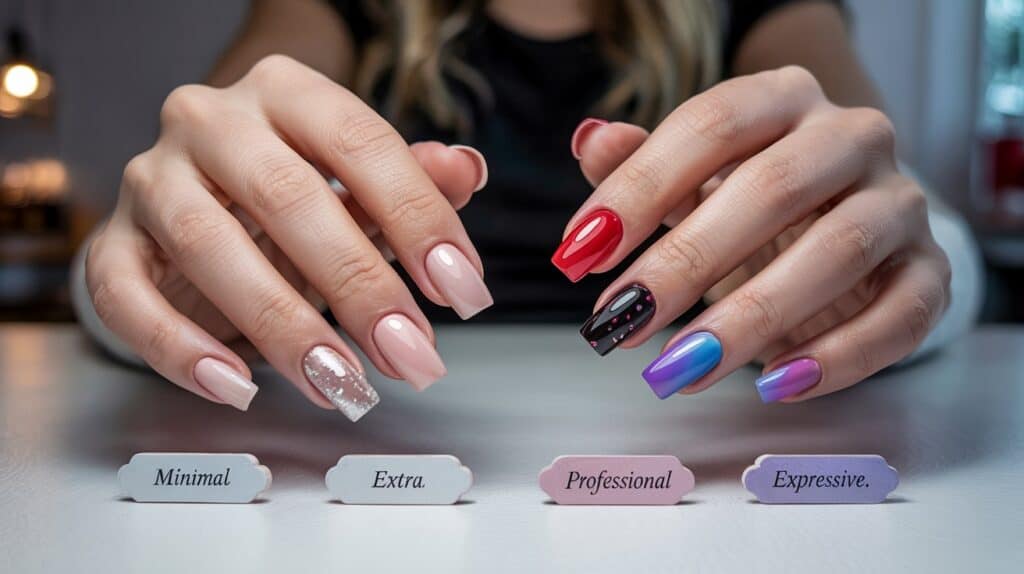 Vibrant acrylic nails in red, black, purple, and pink displayed on hands over labeled swatches reading Minimal, Extra, Professional, and Expressive.