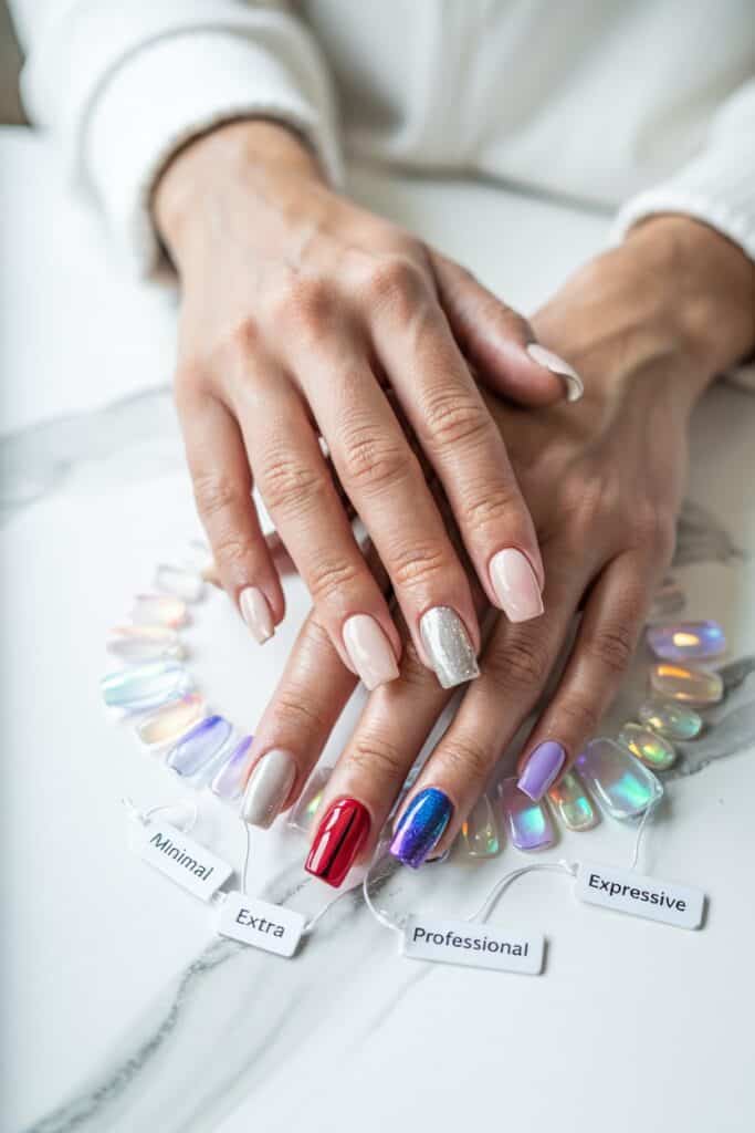 Close-up of neutral-toned acrylic nails on mature hands with labeled swatches underneath for Minimal, Extra, Professional, and Expressive nail styles.