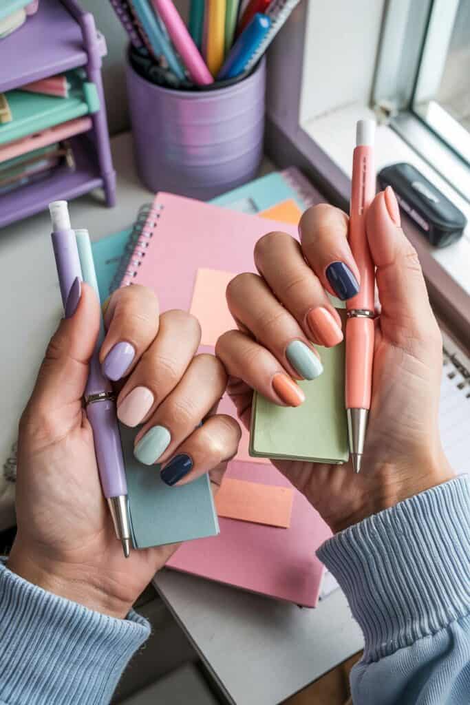Short nails featuring complementary color combinations in pink and teal tones with small gold accent details.