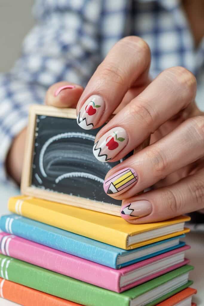 School-appropriate nail art featuring subtle educational-themed designs on short natural nails.