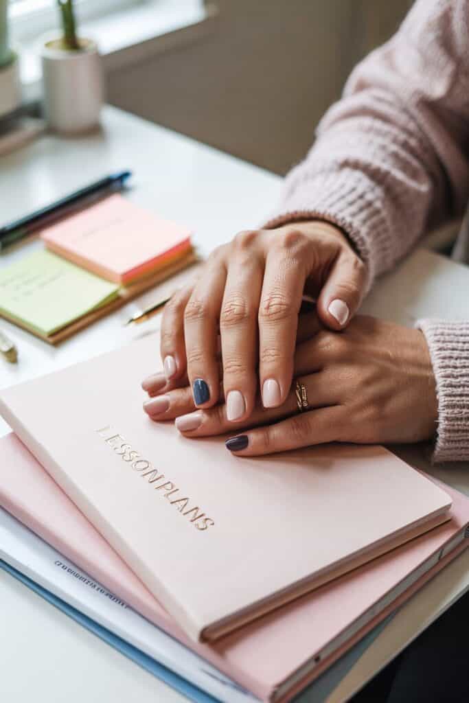 Minimalist nail art on short nails with simple line designs and subtle dots on a neutral base.