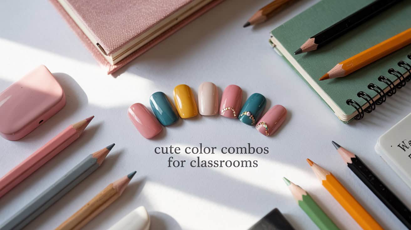Colorful nail art samples in pink, teal, and yellow tones surrounded by school supplies and notebooks with text 'cute color combos for classrooms'.
