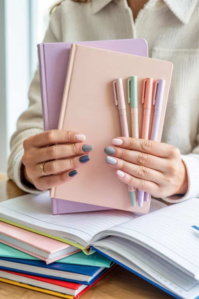 Well-maintained short manicure with protective top coat showing durability for busy school days.