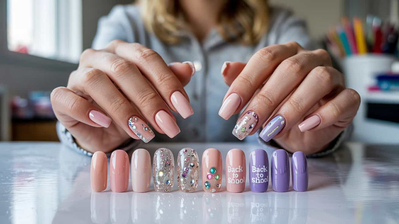 Hands showing off pink, lavender, and glitter acrylic nails with gem accents and "Back to School" text details, displayed with matching press-ons.